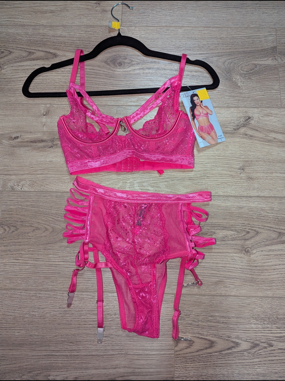 Hot Pink Lace Bra & Garter Set with Strappy Details
